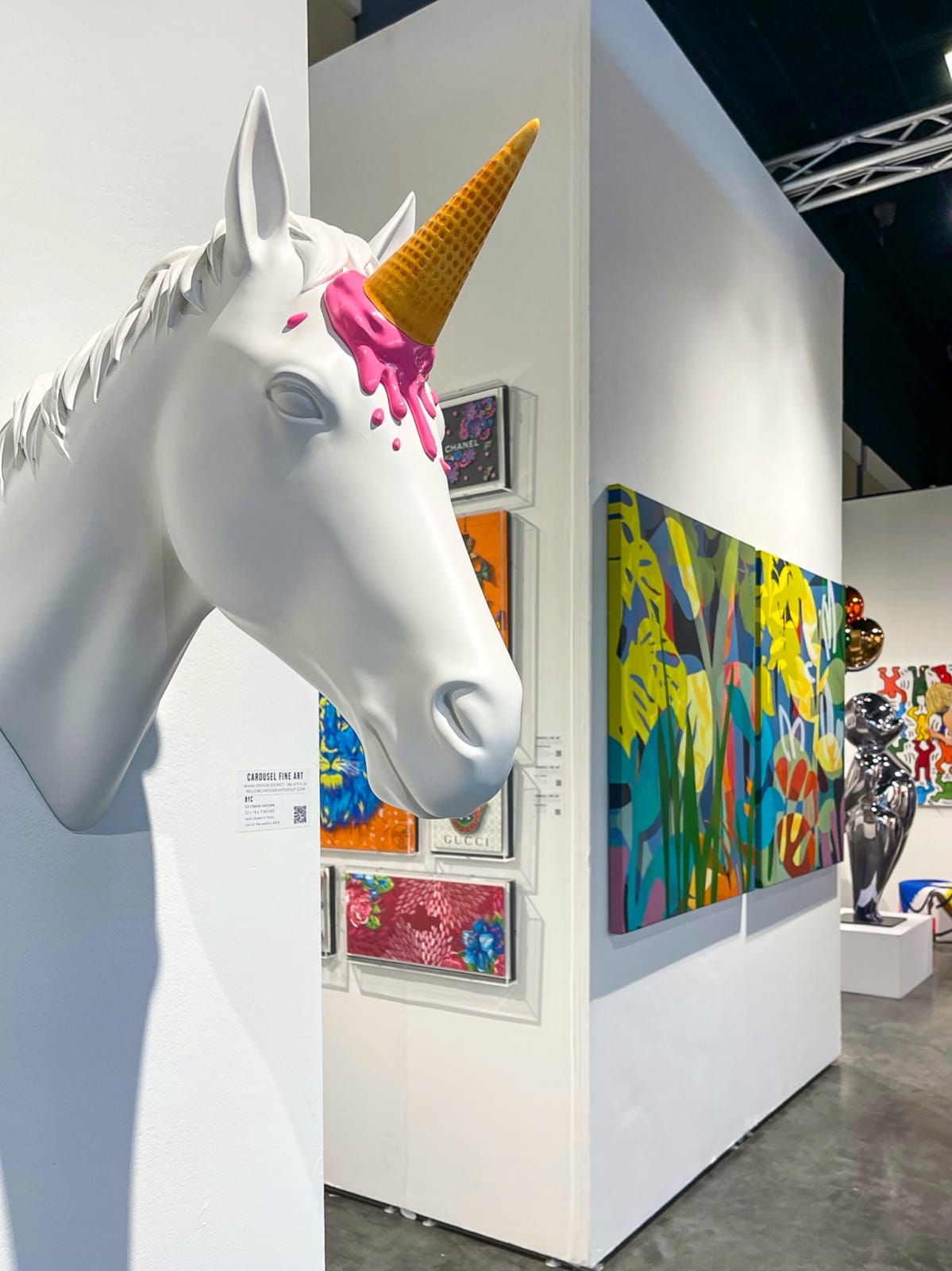 Paintings and sculptures displayed at Carousel Fine Art's gallery both at the Palm Beach Modern and Contemporary art fair, 2022.