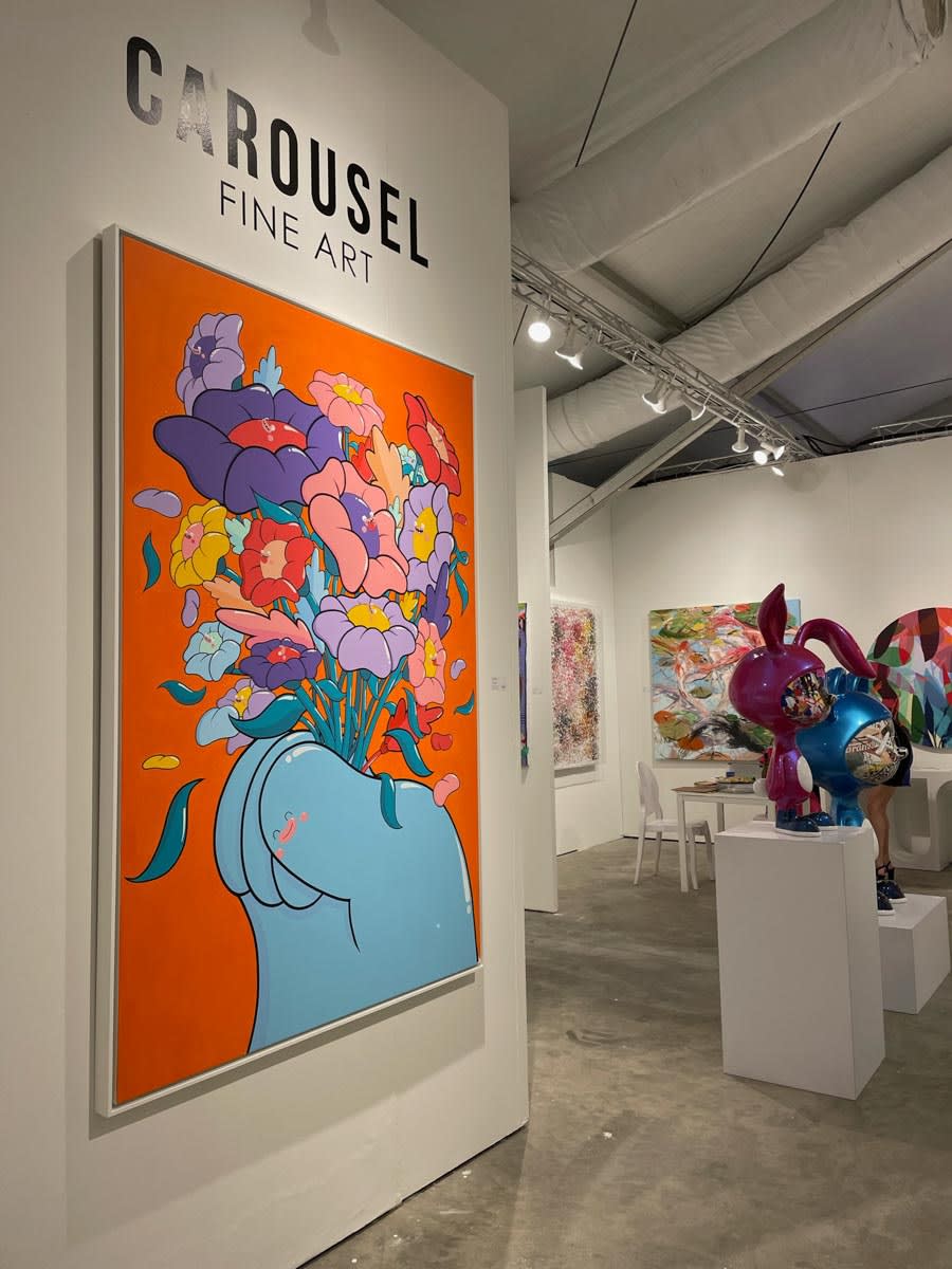 Paintings and sculpture displayed at Carousel Fine Art's booth at the art fair, Context Art Miami 2022
