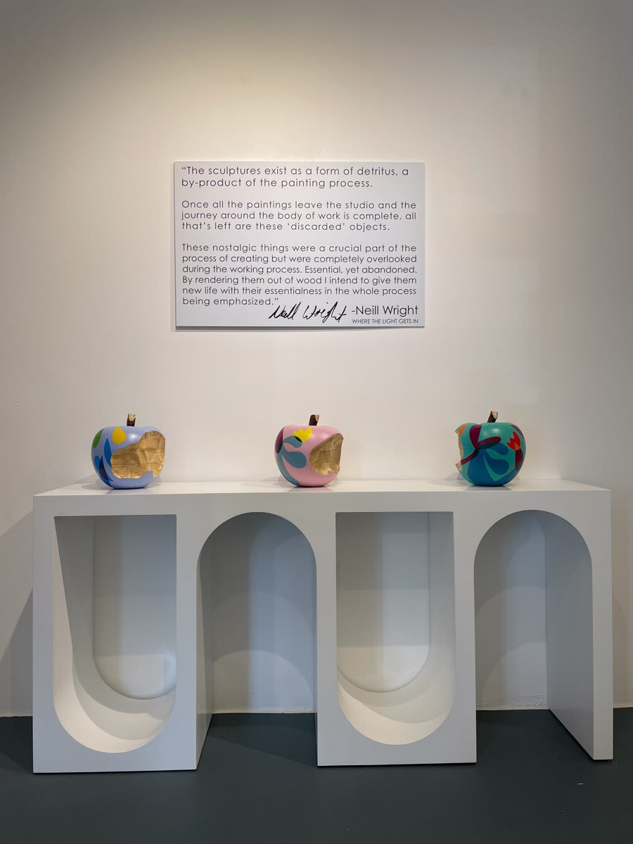 Paintings and sculptures by Neill Wright displayed inside Carousel Fine Art's Miami gallery space during Neill Wright's exhibition "Where the Light Gets In."