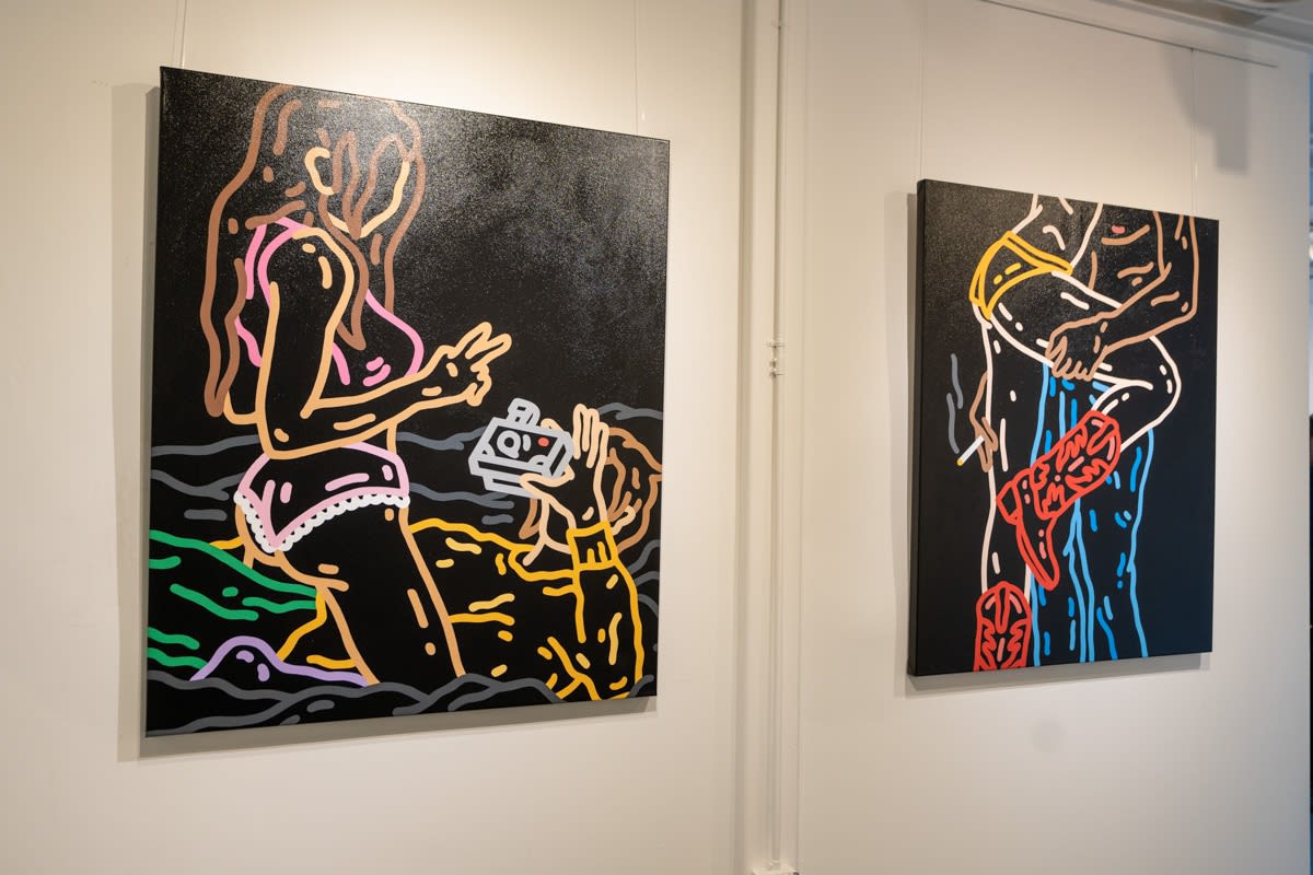Paintings displayed at Carousel Fine Art's gallery space in Miami, FL during Chance Cooper's Spotlight Exhibition, "Between Me and You."