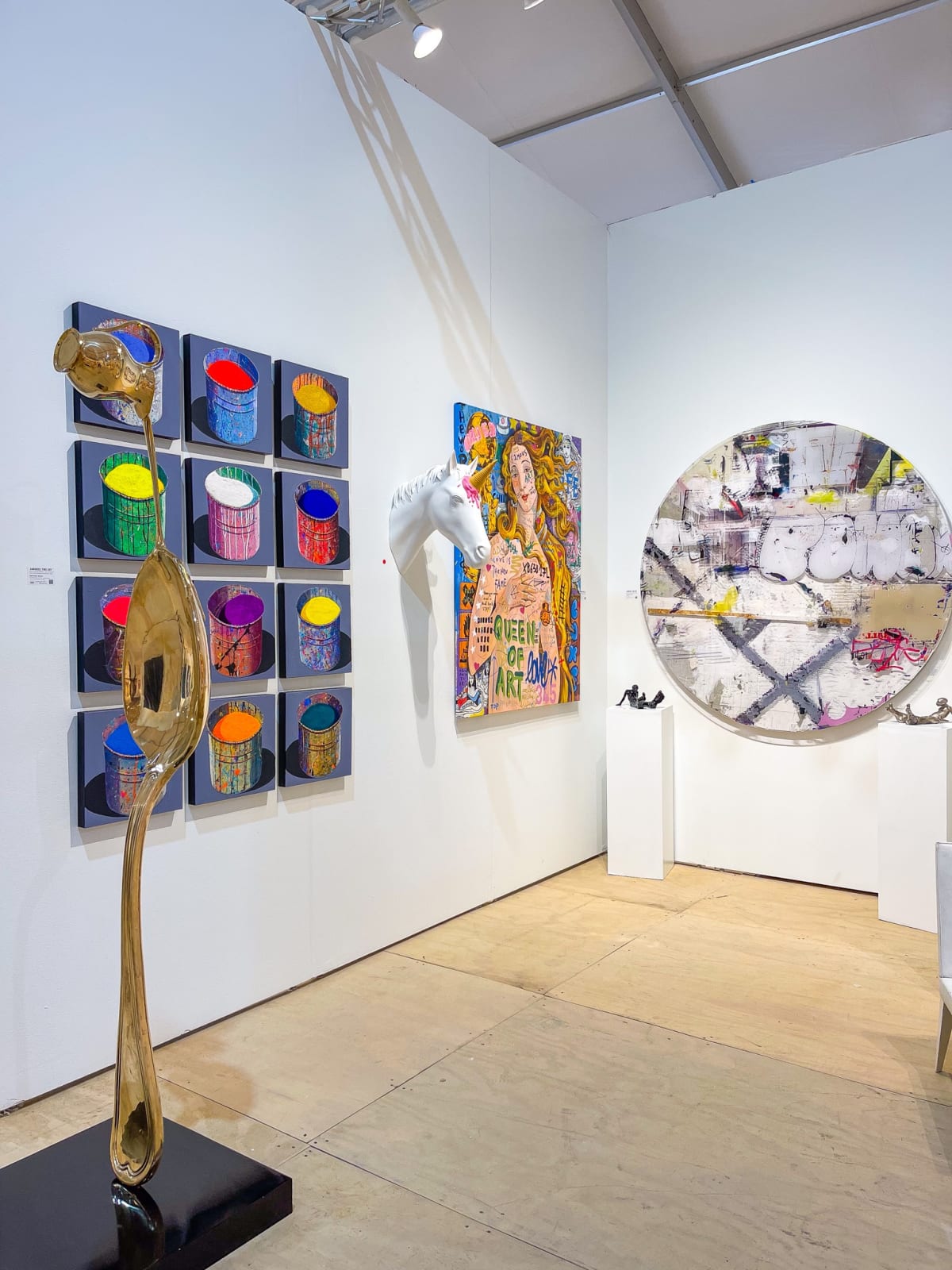 Paintings and sculptures displayed at Carousel Fine Art's gallery both at the Hampton's Art Market, 2021.