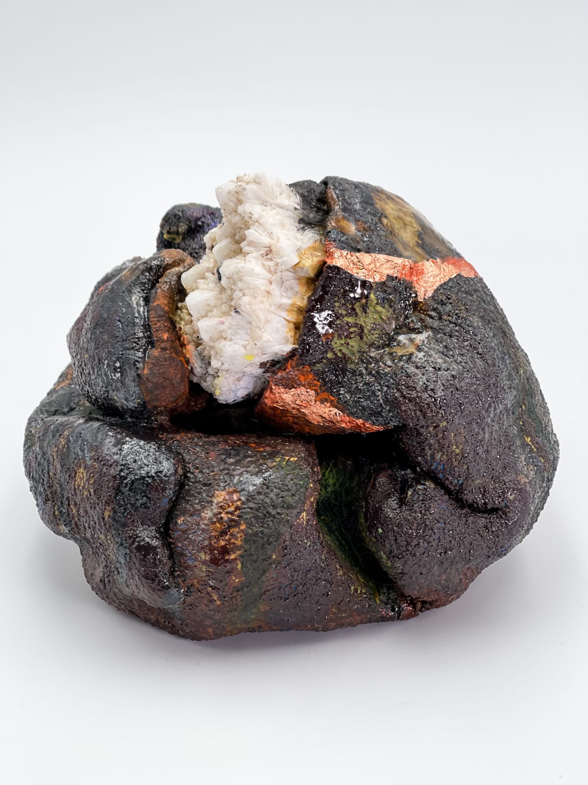 Ashwini Bhat, Liquid Earth Series: 3, glazed ceramic, quartz crystal, and gold leaf, 6 x 7 x 7.5 inches, 2021