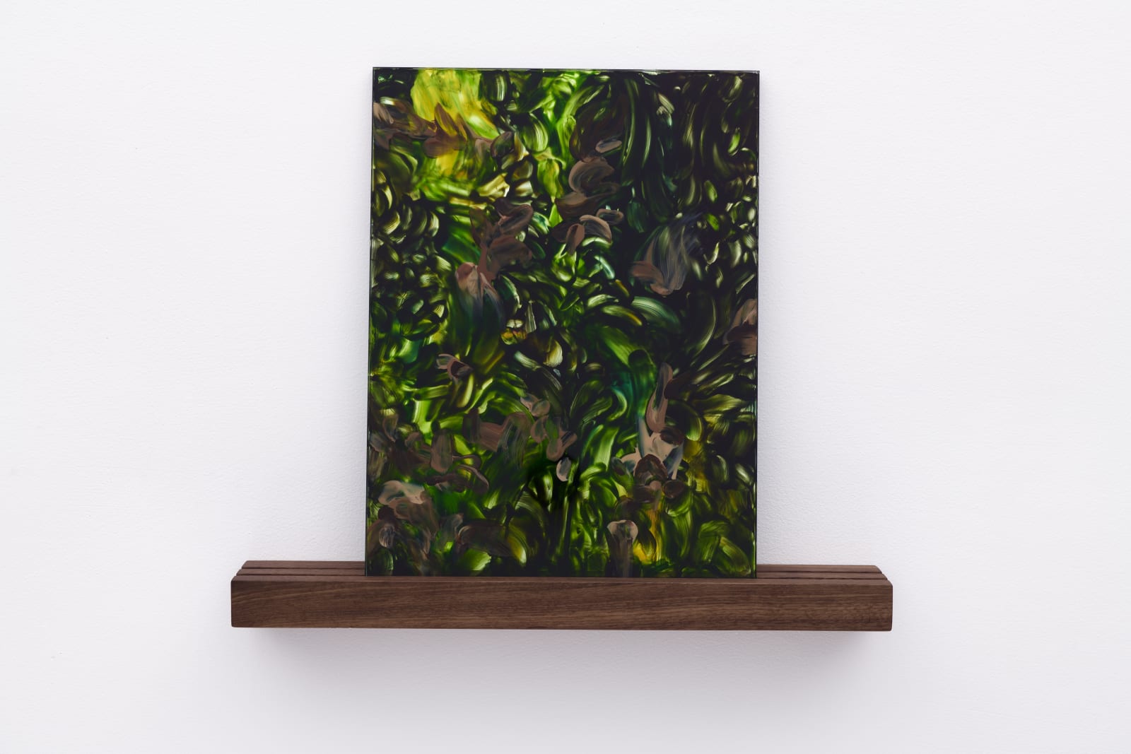 Neha Choksi, Lean (on the other side), Glass paint baked onto tempered ultra-clear glass, gray one-way mirror, walnut wood, 17 x 20 x 3 inches, 2021