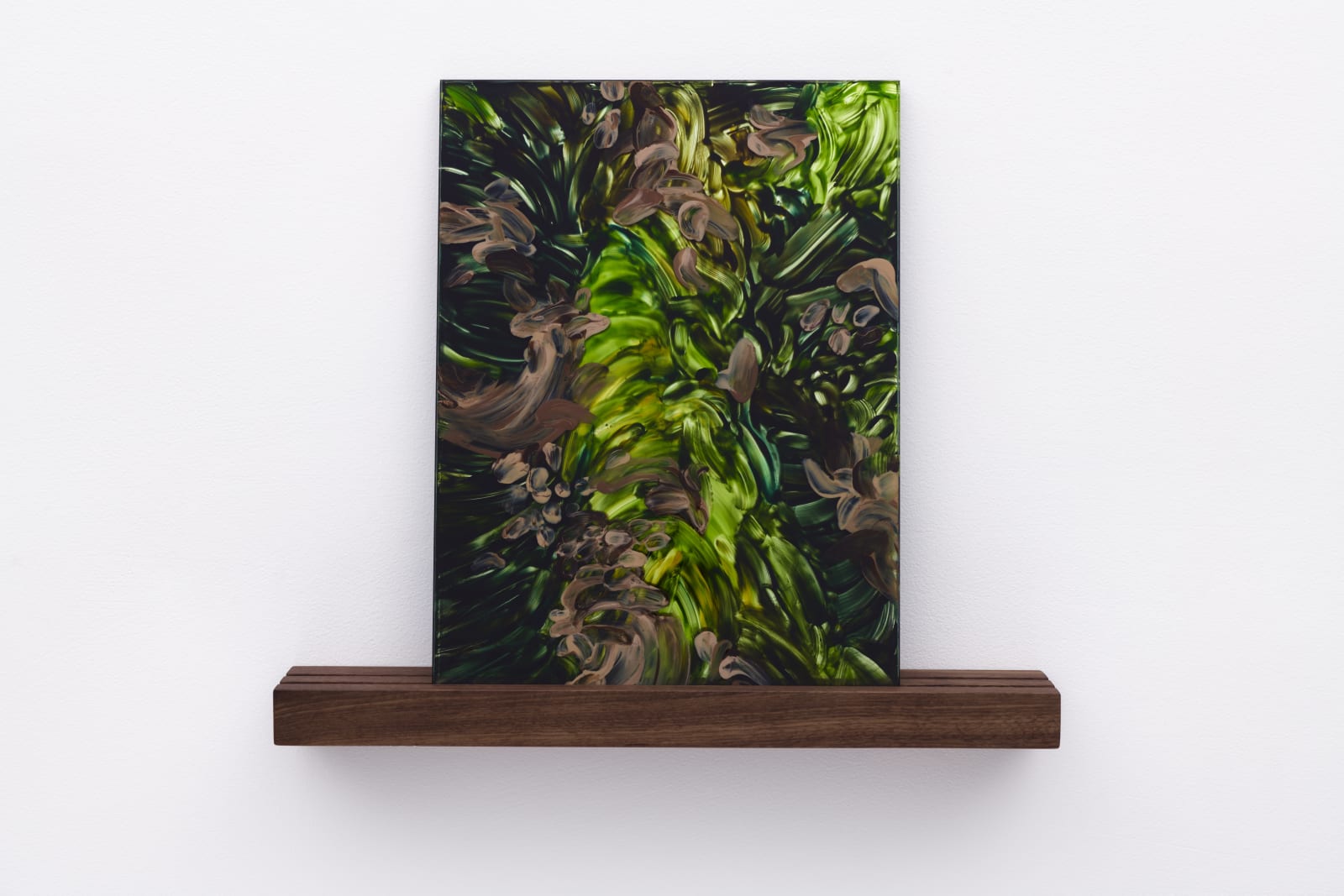 Neha Choksi, Reach (on the other side), Glass paint baked onto tempered ultra-clear glass, gray one-way mirror, walnut wood, 17 x 20 x 3 inches, 2021