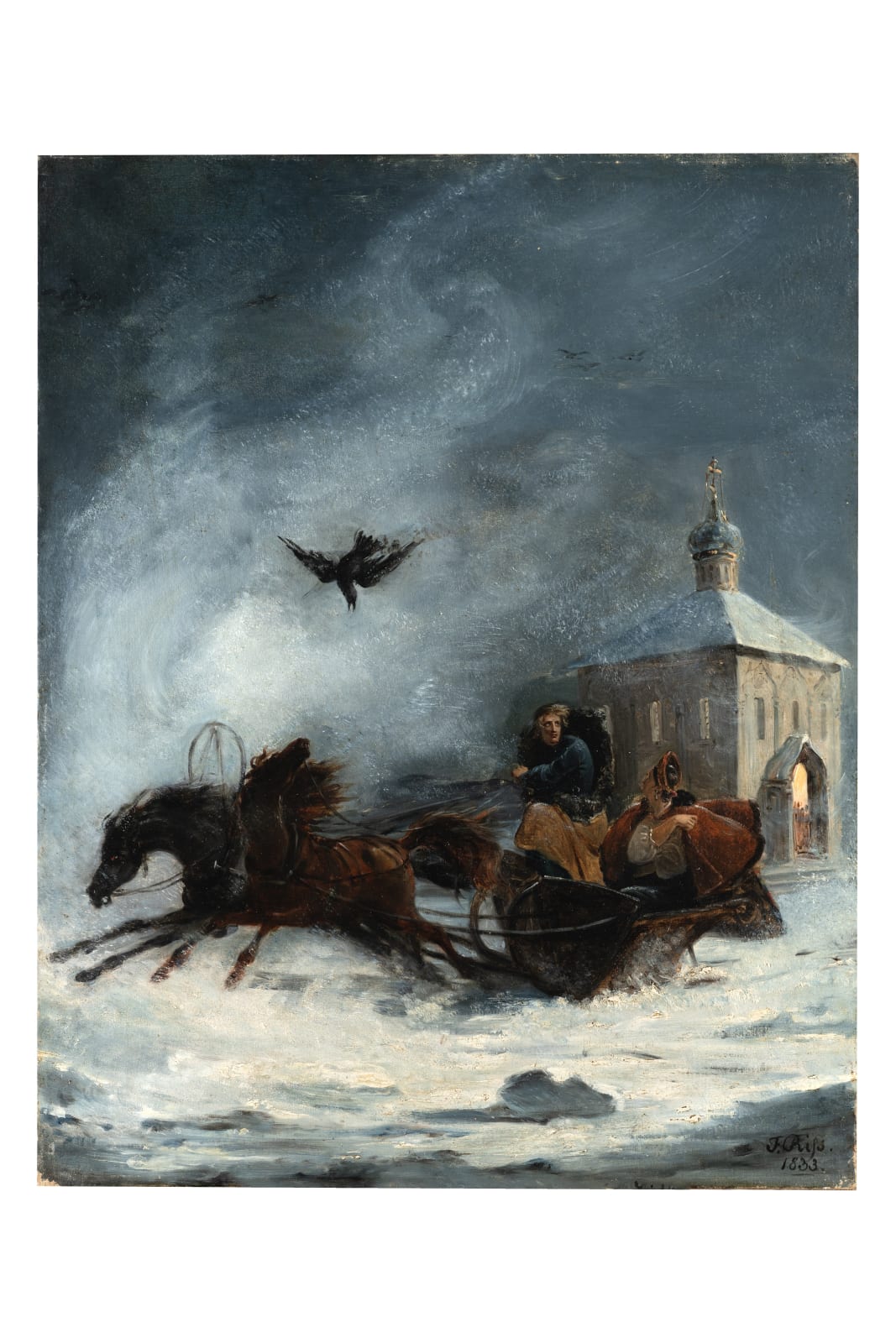 ‬ ‭ François Riss (1804-1886)‬ ‭, ‬ ‭ Dipinto raffigurante una tempesta di neve, scena tratta da una passo del Romanzo di‬ ‭ Puskin “‬‭ La figlia del capitano‬‭ 