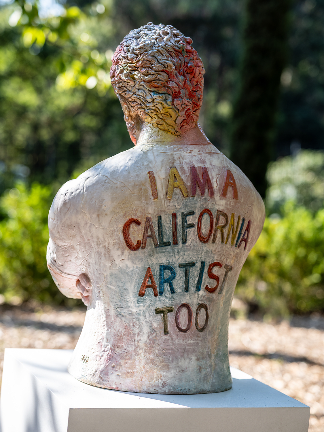 Wanxin Zhang "Shout (I am a California artist, too)," (2023). High-fired ceramic, glazes. 36 x 22 x 18 inches.