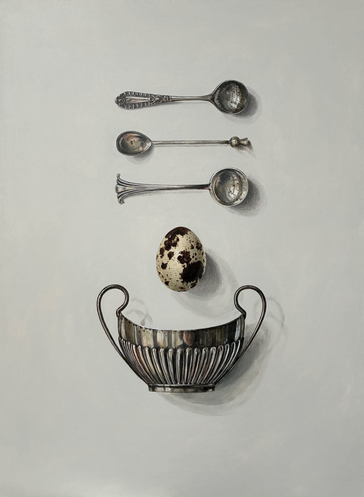 Rachel Ross, Silver Salt Cellar with Quail's Egg and Spoons