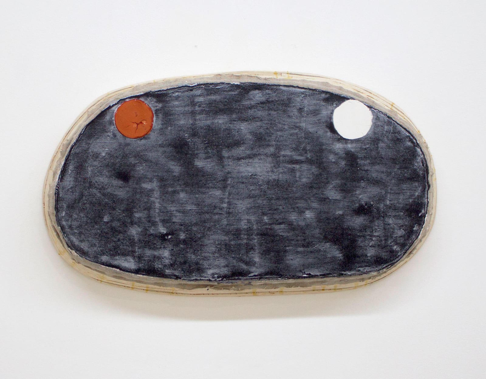 Otis Jones, Black Odd Shape with Red Oxide and White Circles, 2016
