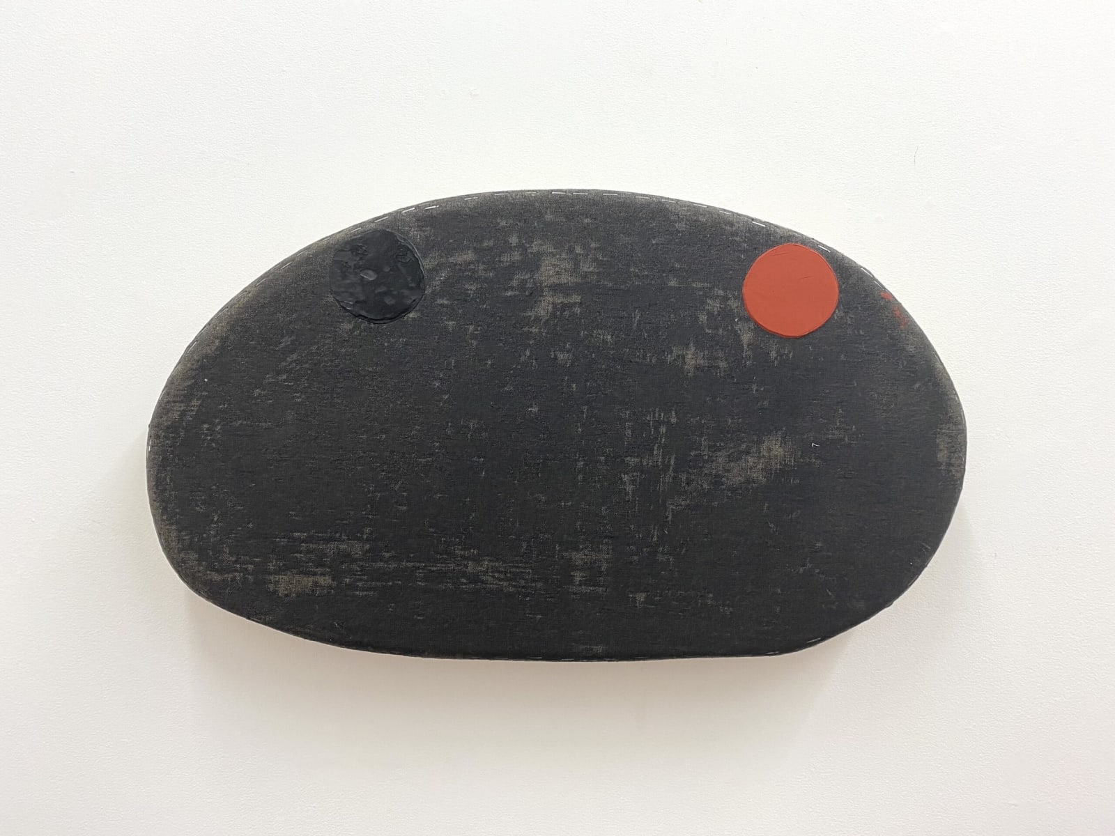 Otis Jones, Black Shape with Red and Black Oxide Circles, 2021