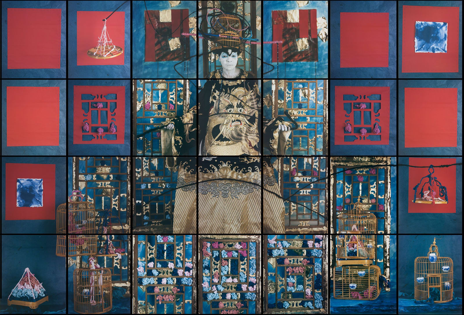 María Magdalena Campos-Pons, Finding Balance, 2015, composition of 28, Polaroid Polacolor Pro 24 x 20 photographs, 96 x 140 in / 243.84 x 355.6 cm.