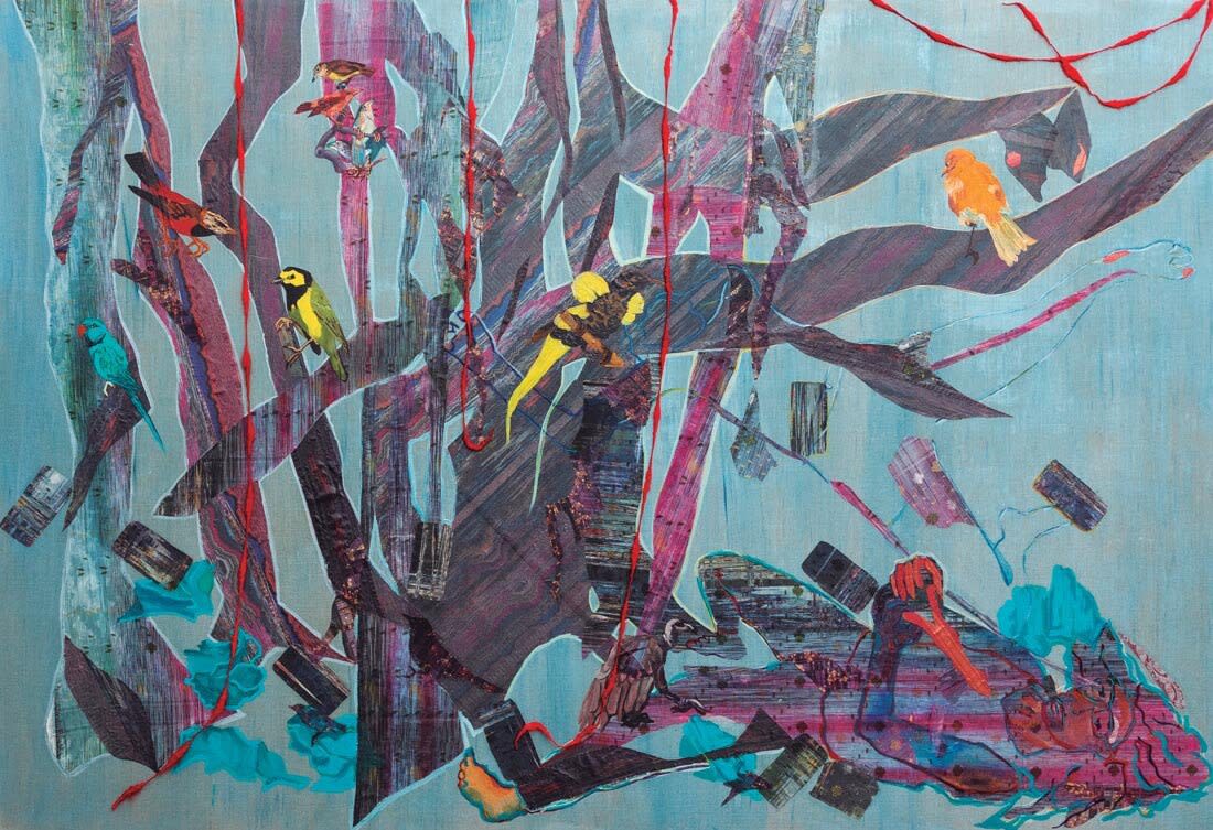 crowded dreams or how the dead speak, 2020. Pigment, UV inkjet print, silk and cotton sari fabric and alpaca yarn on linen 72 x 96 inches