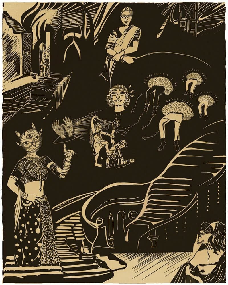 Wise Ladies Meeting, 2018, linocut on BFK Rives Tan, 280gsm, 20 × 16 inches.