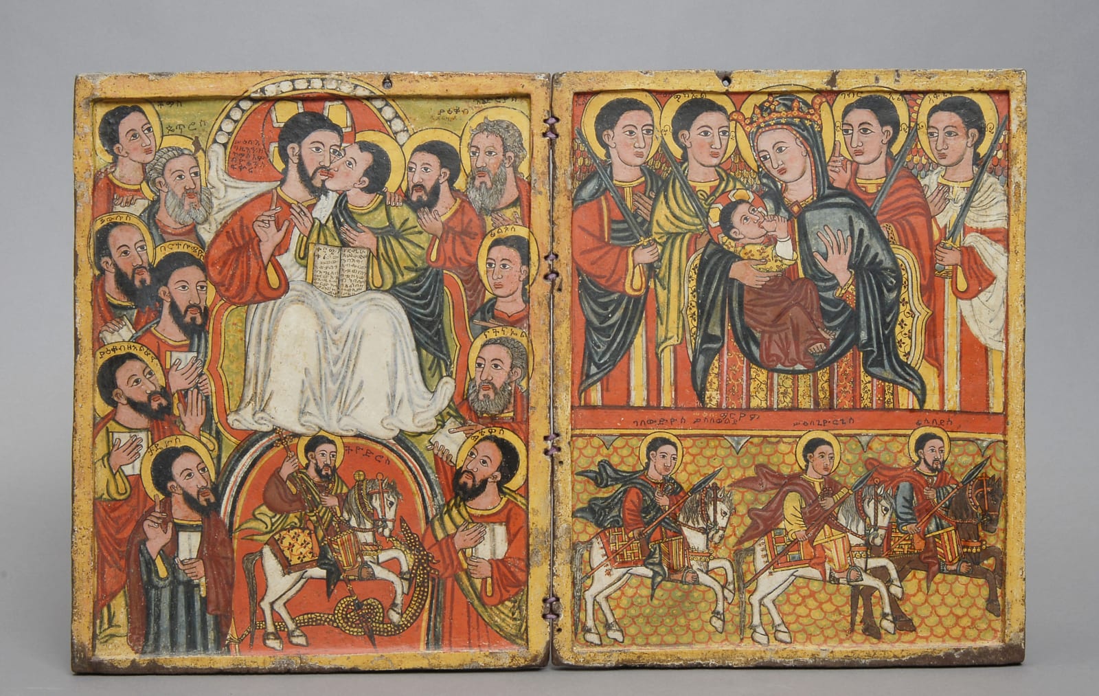 Diptych with the Kiss of Christ to His Beloved John, with the Apostles and Saint Theodore, and the Nursing Virgin and Child with the Four Archangels and Equestrian Saints, Ethiopia, c. 1480-1500