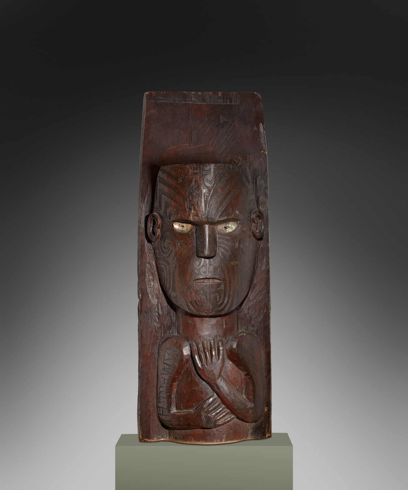 Sculpture from house ridge pole, inscribed 'Tamerehe', Maori, c. 1860