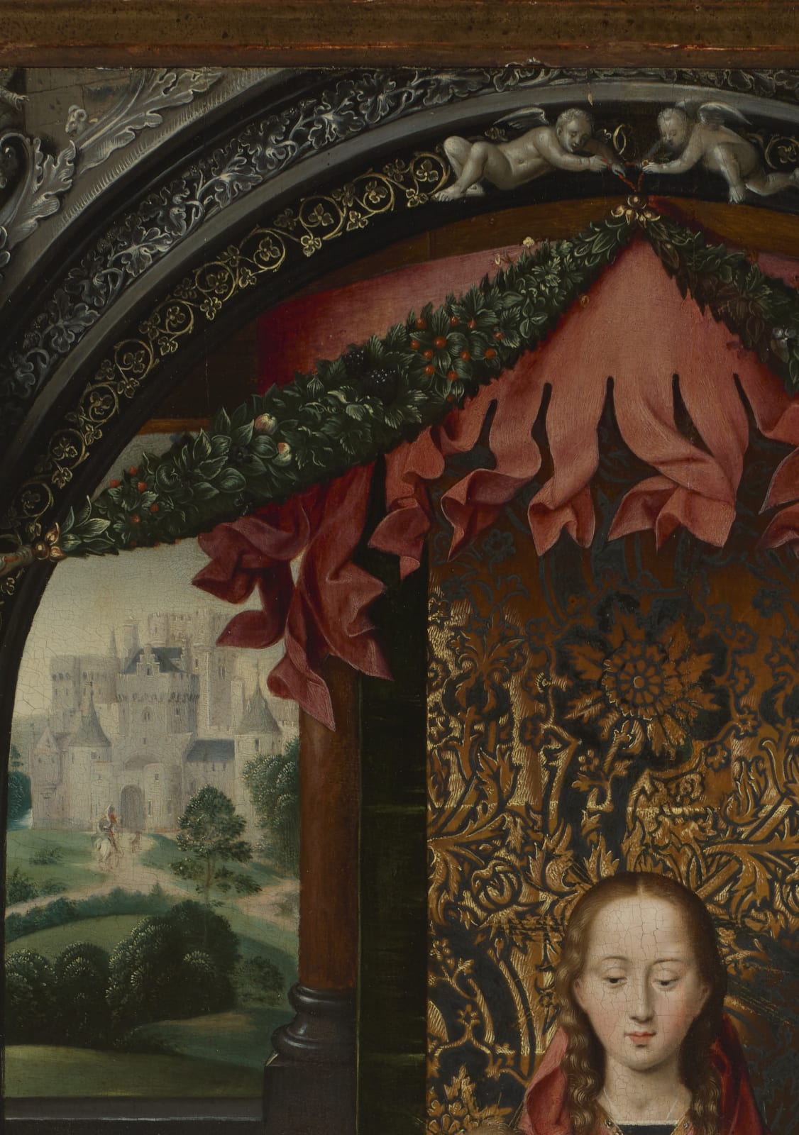Image above: The Wyvern Virgin and Child with Music Playing Angel, detail of the swag, putti, and landscape.