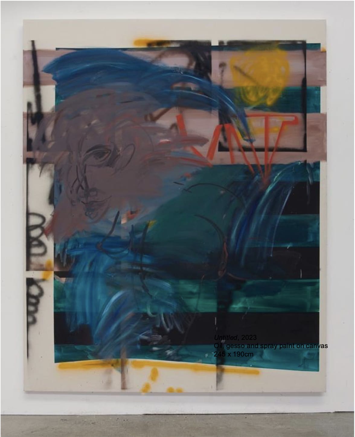 Hester Finch, The Organs would have very quickly suffered a shortage, 2024, Oil, gesso, and spray paint on canvas