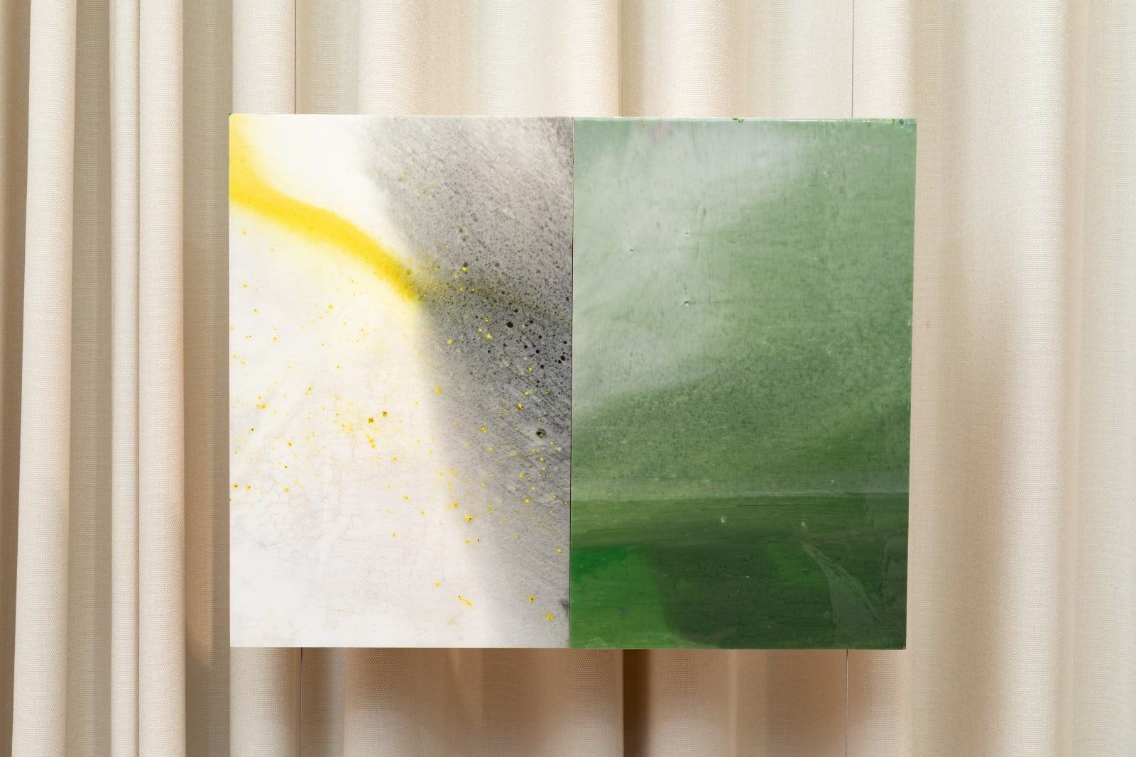 Installation view, SPLICED, Fleur Simon, 'Where Sparks Fly', resin on plywood, 47 x 60 cm, 2025. Photo by Ben Deakin