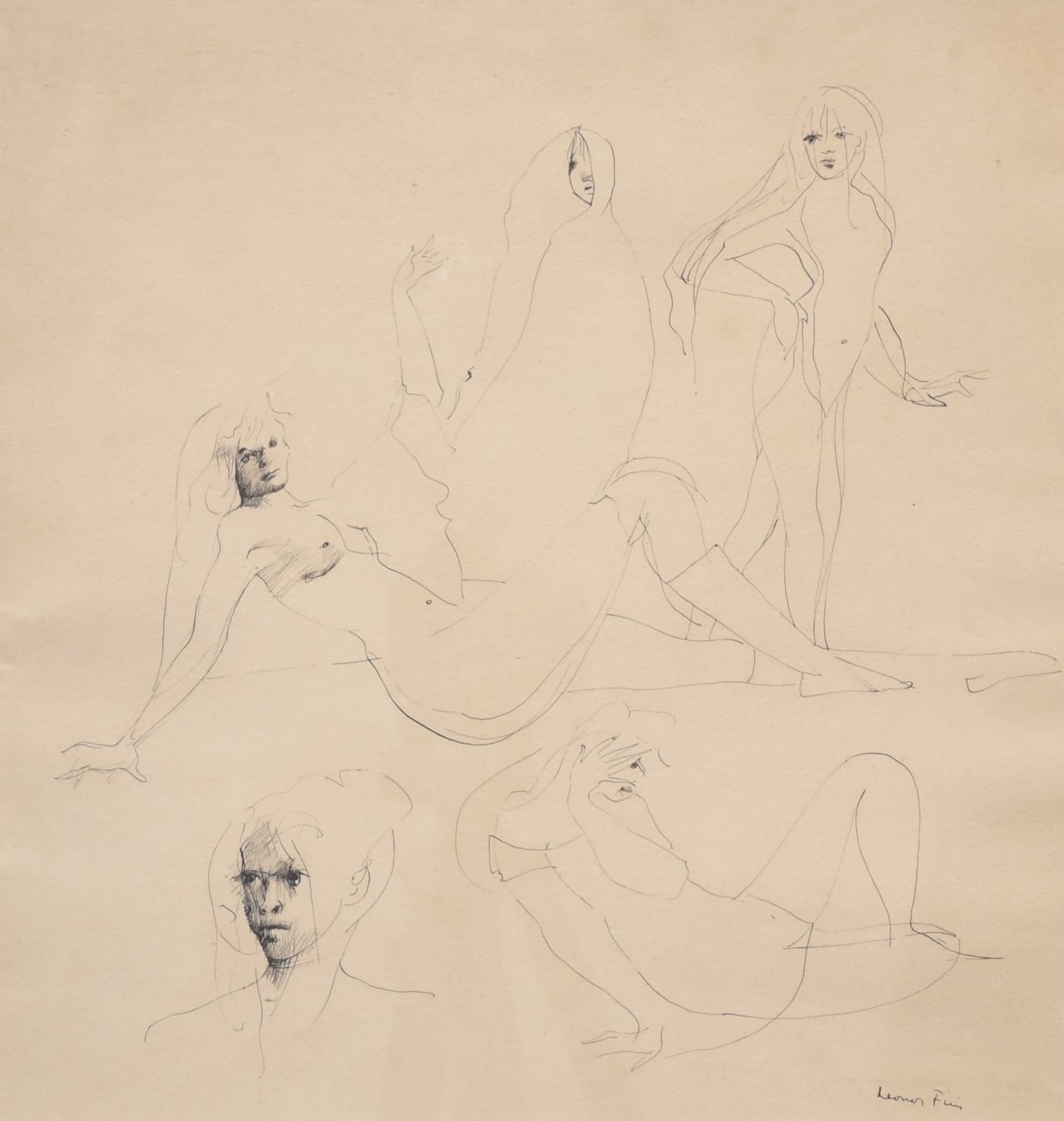 Leonor Fini, Nude women, Ink on paper, Surrealist art