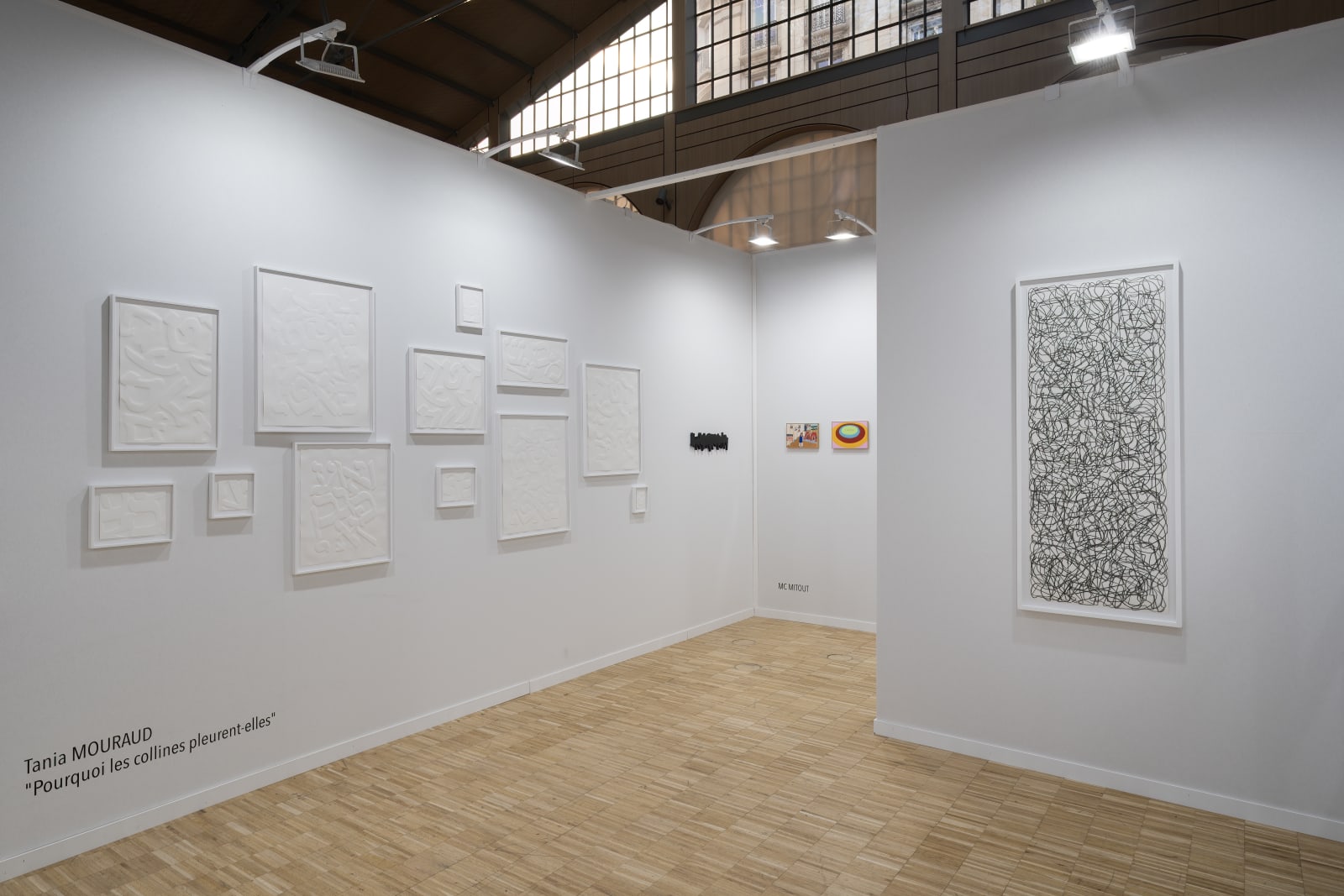 Vue d'exposition Drawing Now Paris 2025 Léo Dorfner Delphine Gigoux-Martin MC Mitout Tania Mouraud oeuvres d'art