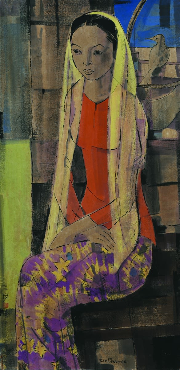 鍾泗濱 Cheong Soo Pieng, 馬來仕女肖像與鳥