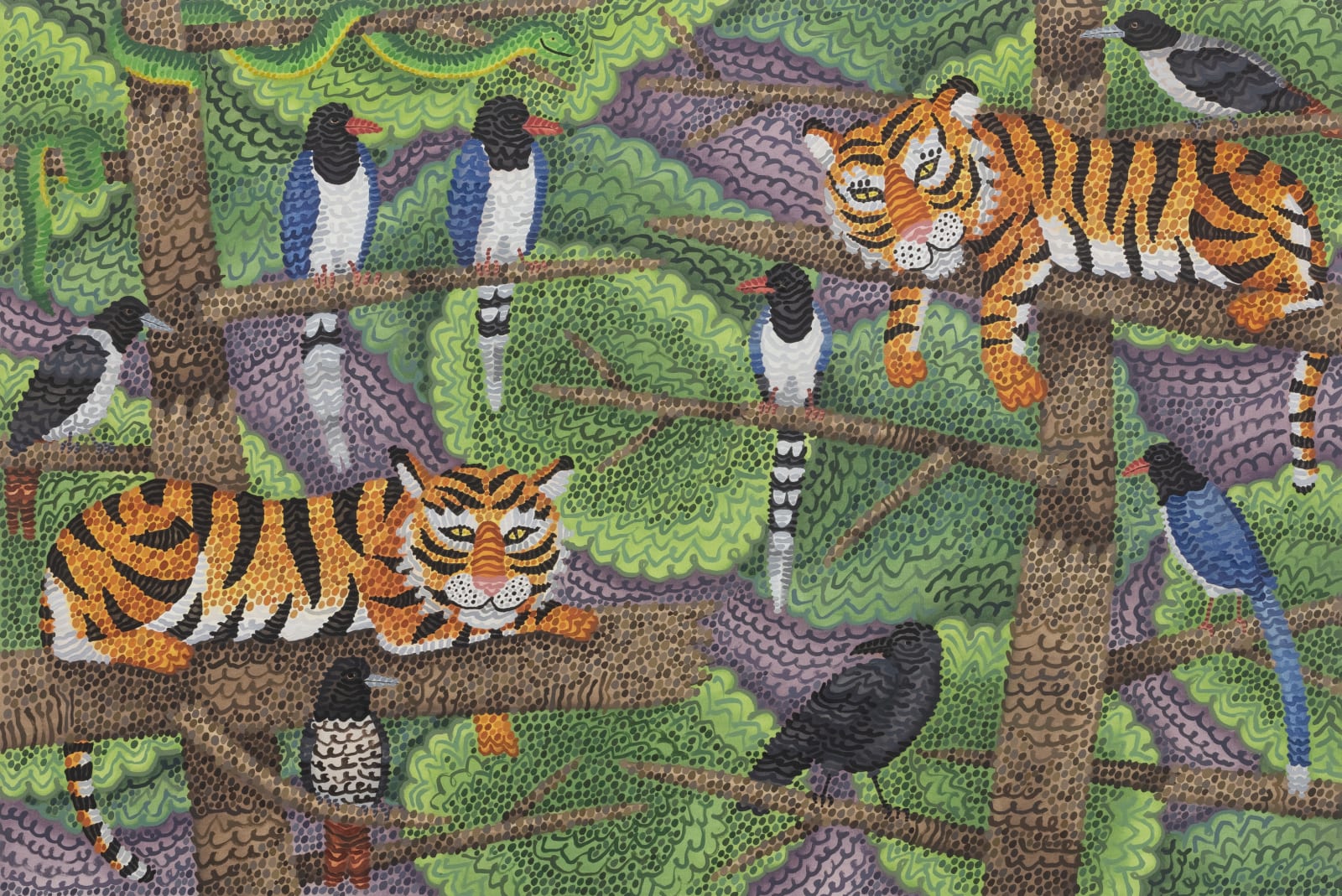 Howard Fonda, Untitled (crow, greater green snake, tiger, red billed blue magpie, silver oriole)