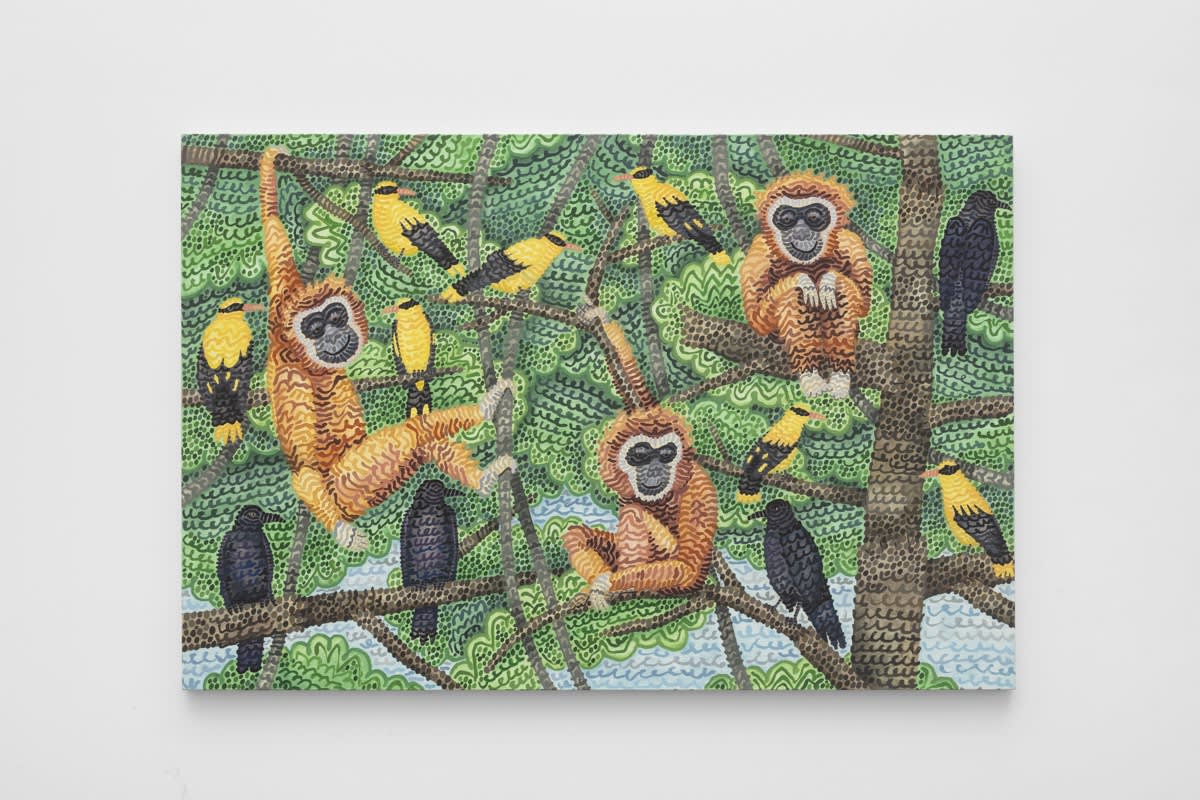 Howard Fonda, Untitled (black-hooded oriole, crow, gibbon)
