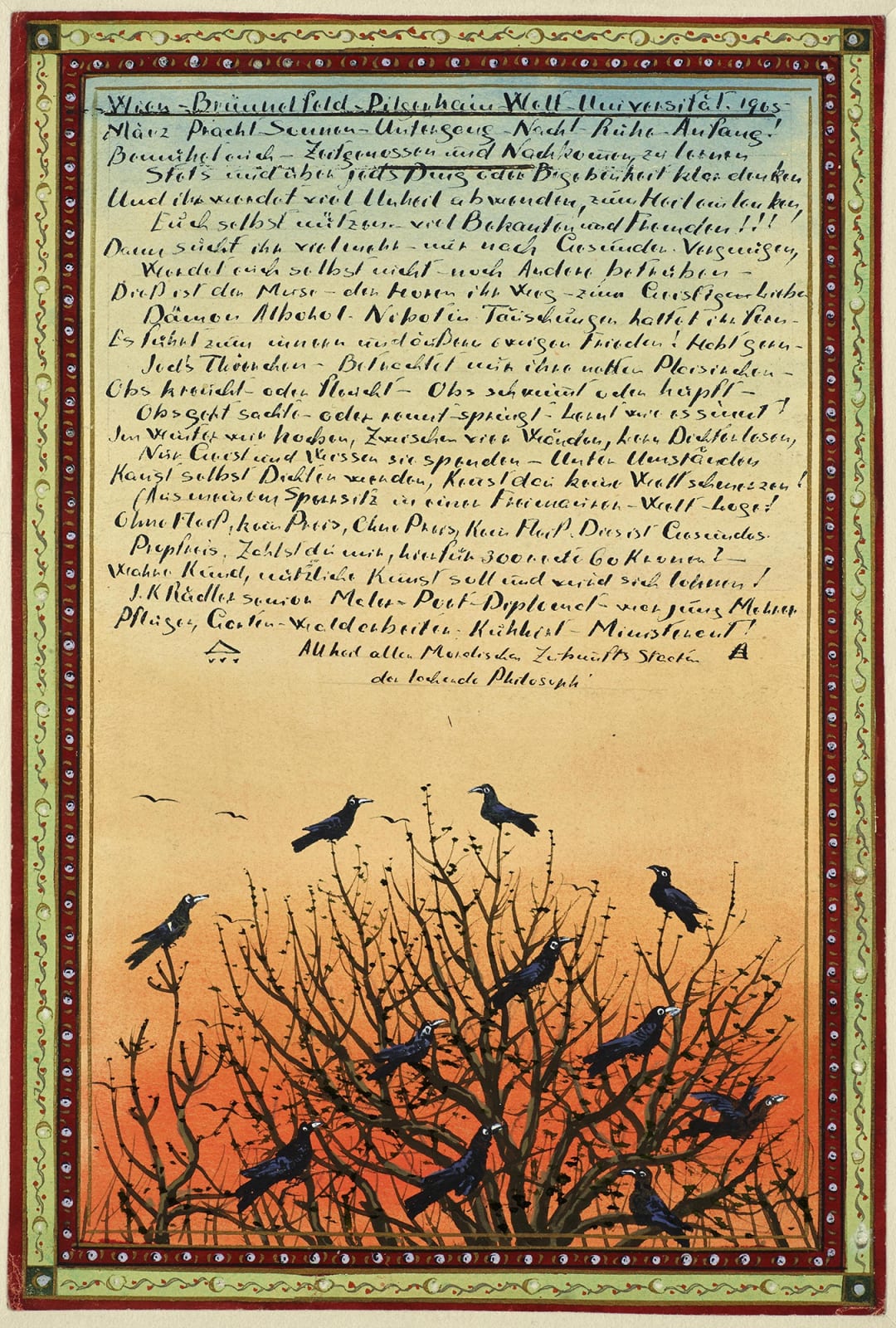 Josef Karl Rädler, Crows on leafless Tree, red Sky, 1905