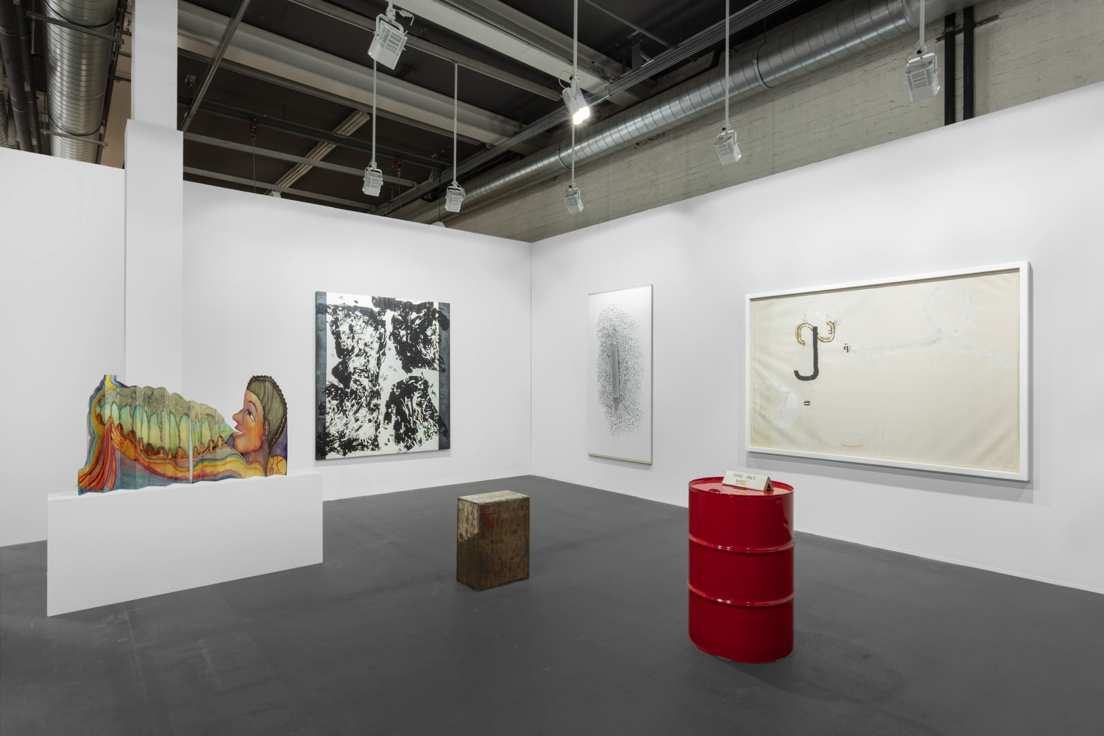 Sprovieri’s booth at Art Basel 2024. Artwork, left to right: Sandra Vásquez de la Horra, El Despertar, 2024; Jannis Kounellis, Untitled, 2010; Francesco Arena, A Marat, 2023; Giuseppe Penone, Acero (Maple), 2005; Jannis Kounellis, Untitled, 1960; Jimmie Durham, Coins Only, 2010. Photo: Sebastiano Pellion di Persano