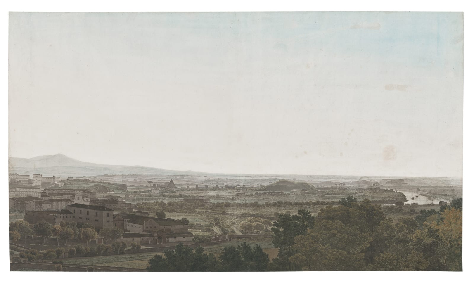 Giovanni Battista Lusieri ( Rome, 1754 - Athènes, 1821 ) , View of Rome from the Janiculum hill towards Trastevere and Ostiense, as far as the Basilica of San Paolo outside the walls , 1778-1779