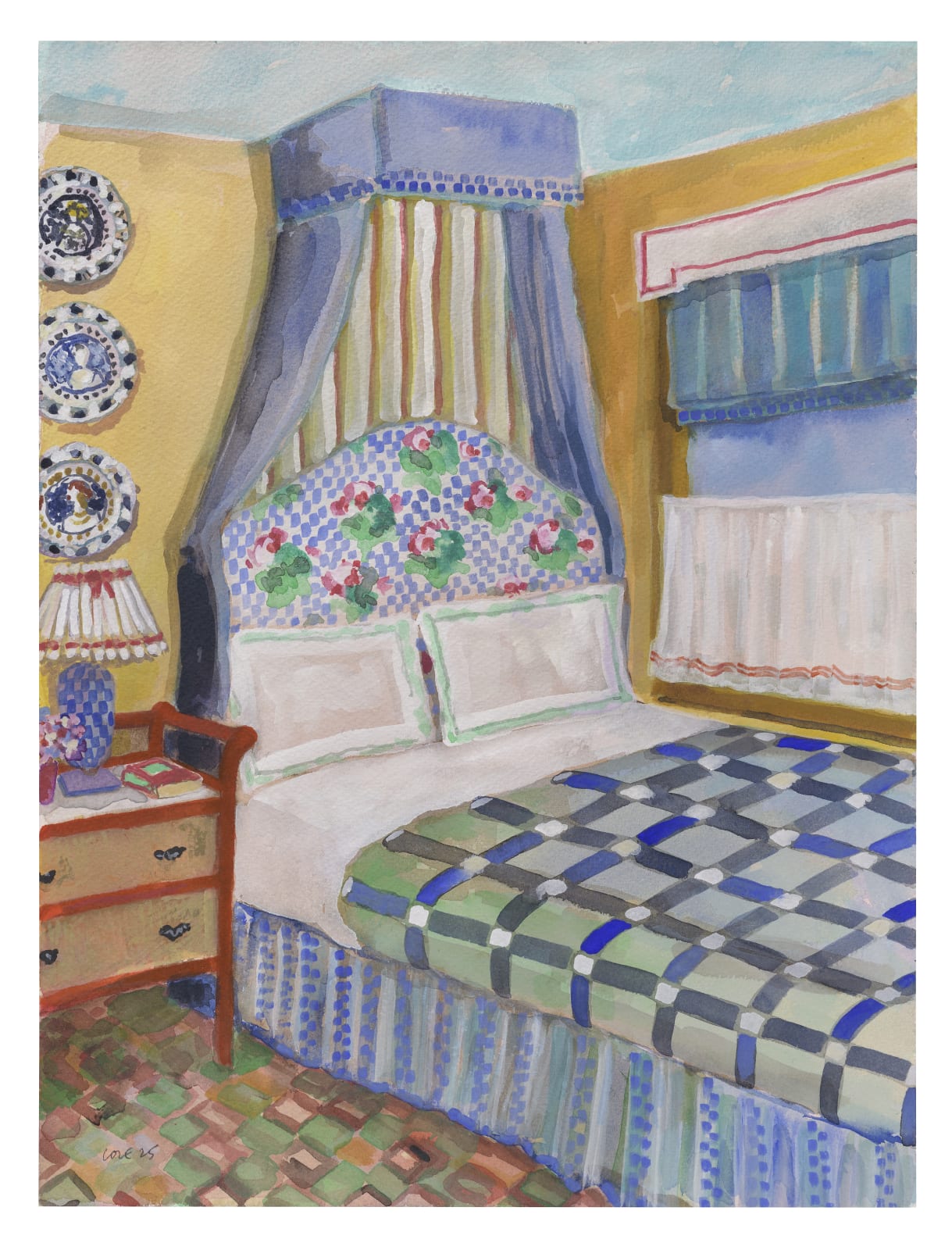 Bedroom with Bloomsbury Dinner Service, 2025, Watercolour & Gouache 43x31cm