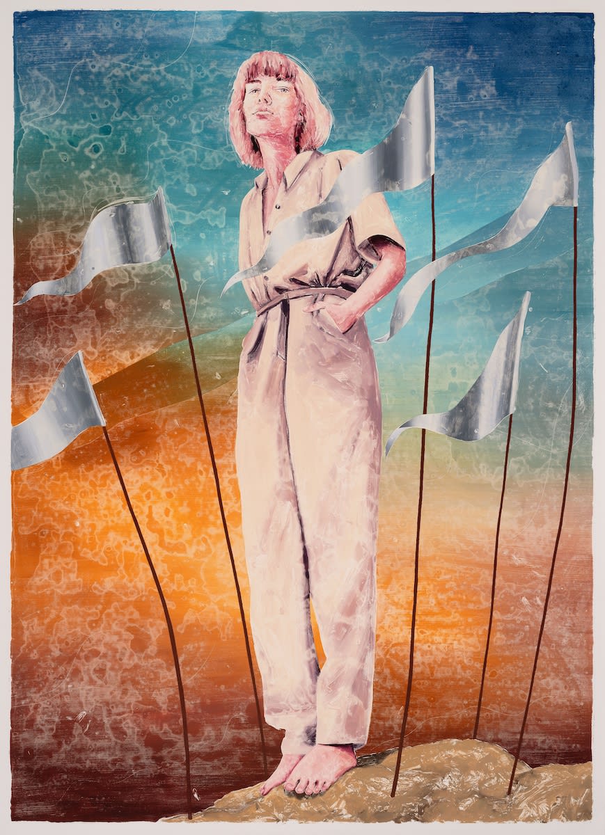 A MOUNTAIN TOP FULL OF ACHIEVEMENTS - A WOMAN THINKING OF THE SEA., 2022 Artwork is signed and dated on the back Monotype, oil, color, and wax pastel on paper