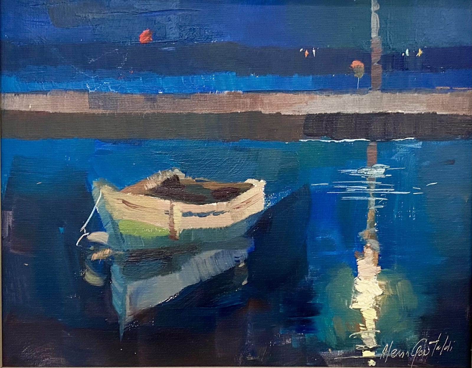 boat, red moon, water, oil, alla prima