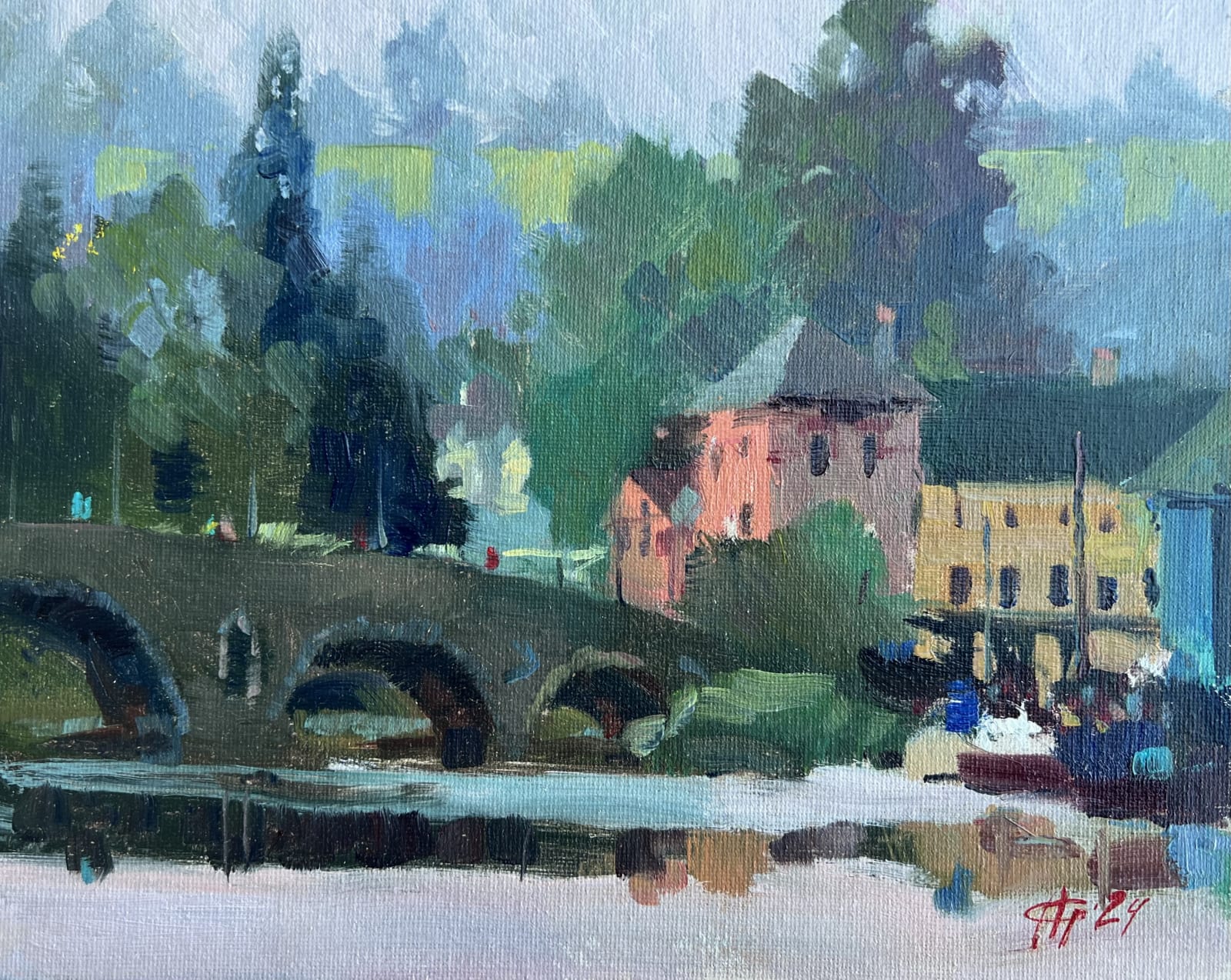 bridge, river, oil, alla prima, pleinair