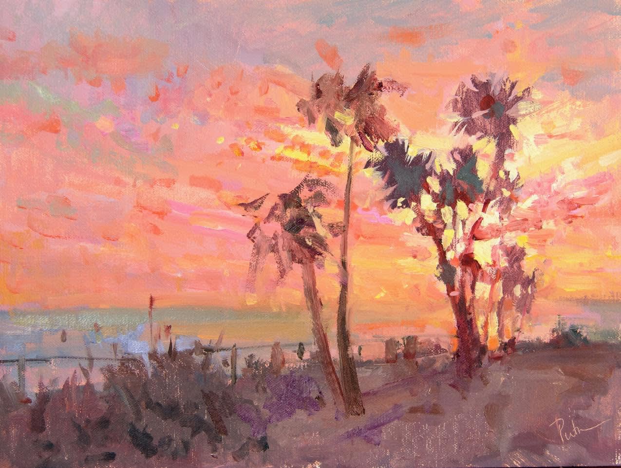 oil, pleinair, landscape, palm trees, rosslare, sunrise, lori putnam