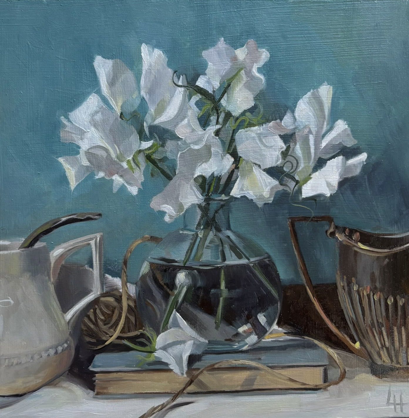 Louise Hawkins, White Sweet Peas with String