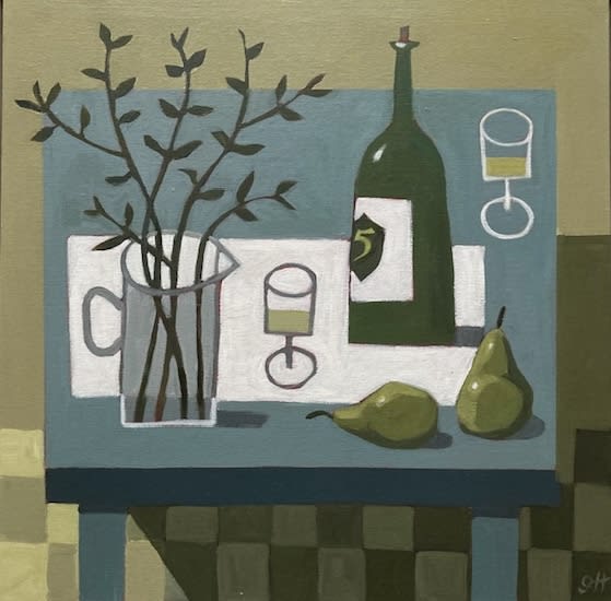 Gill Hamilton, Blue Table with Wine and Pears