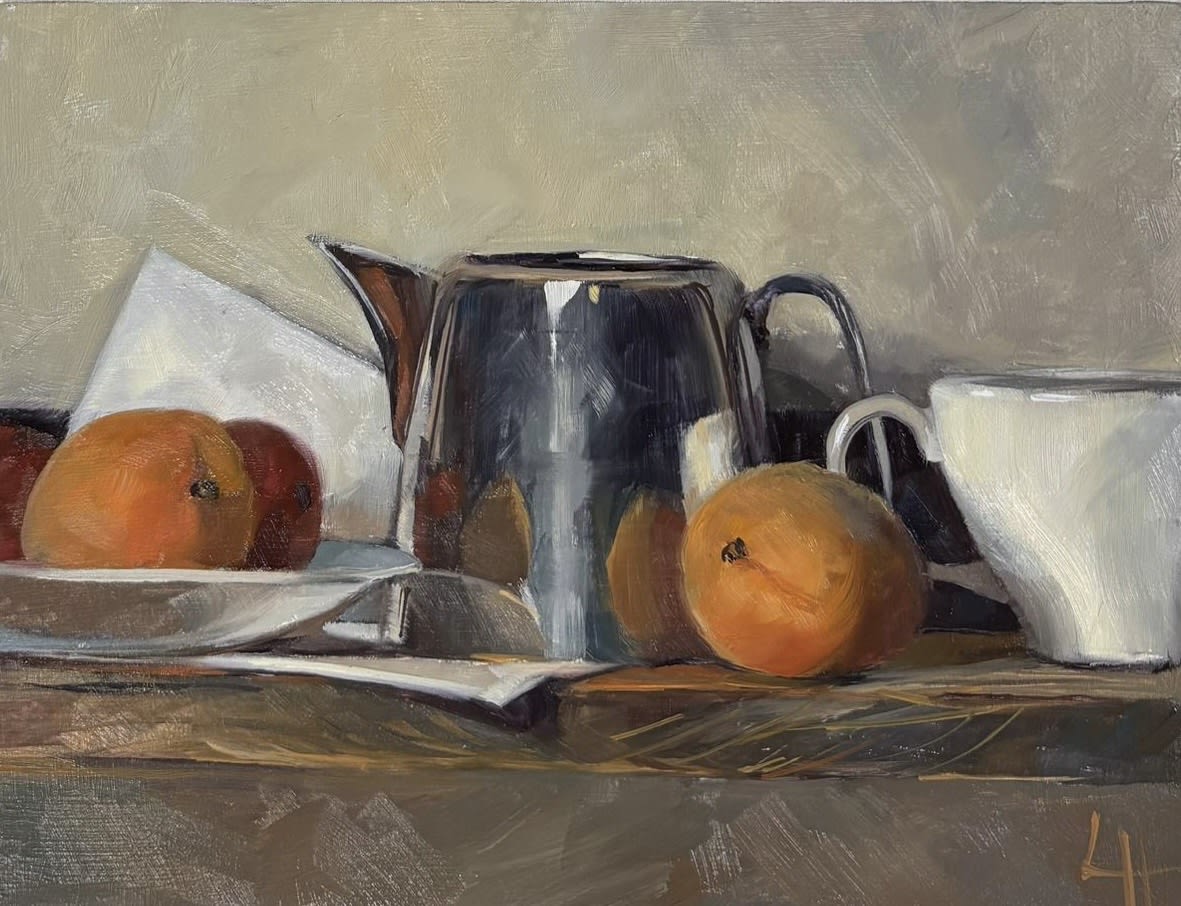Louise Hawkins, Silver Jug and Apricots