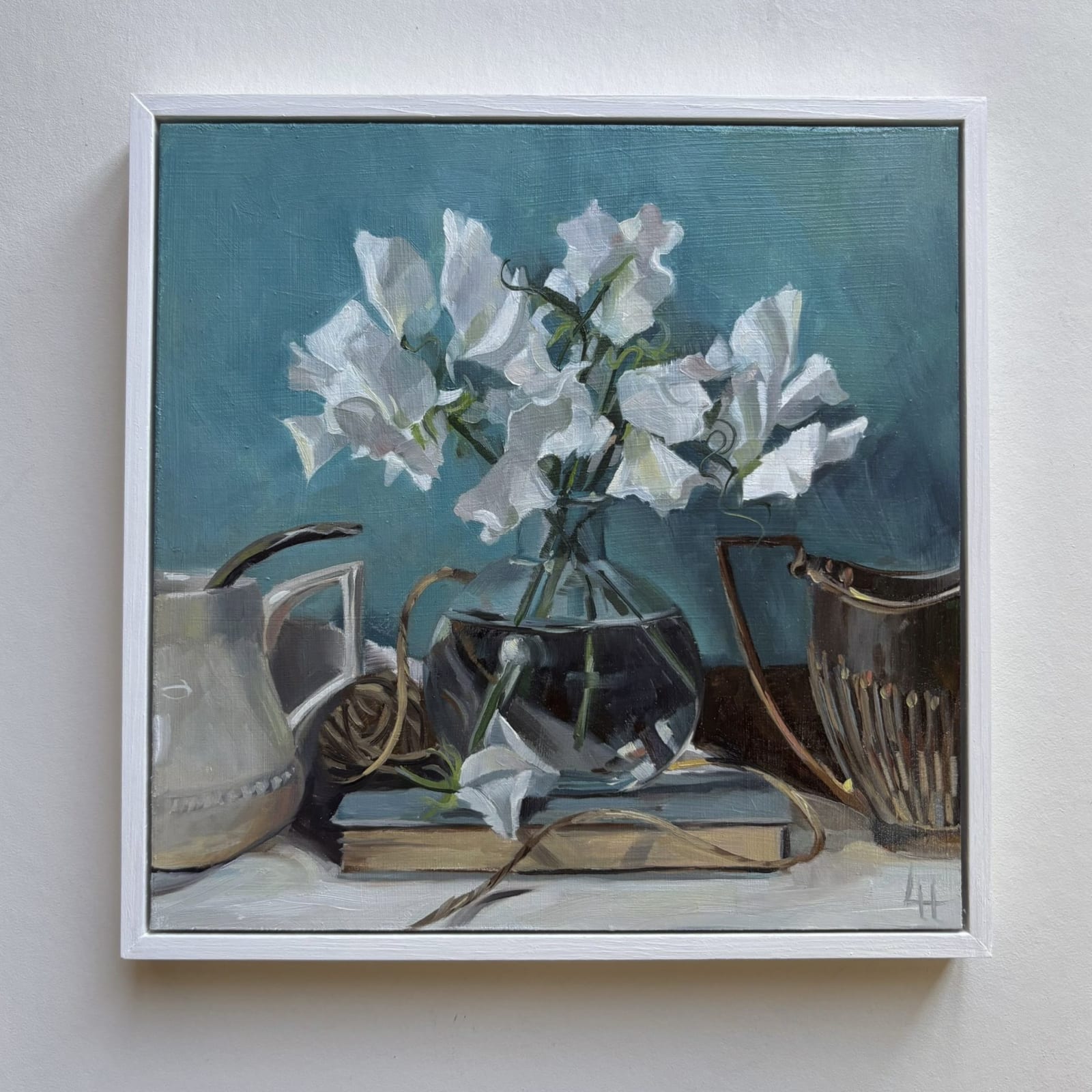 Louise Hawkins, White Sweet Peas with String