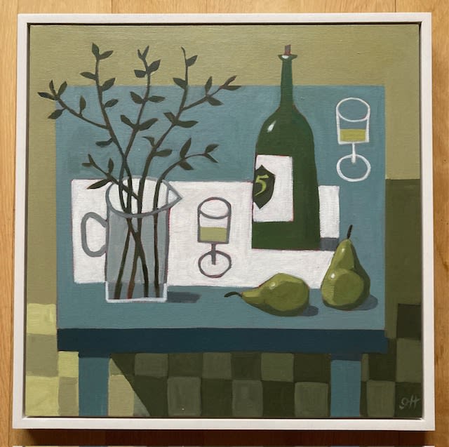 Gill Hamilton, Blue Table with Wine and Pears