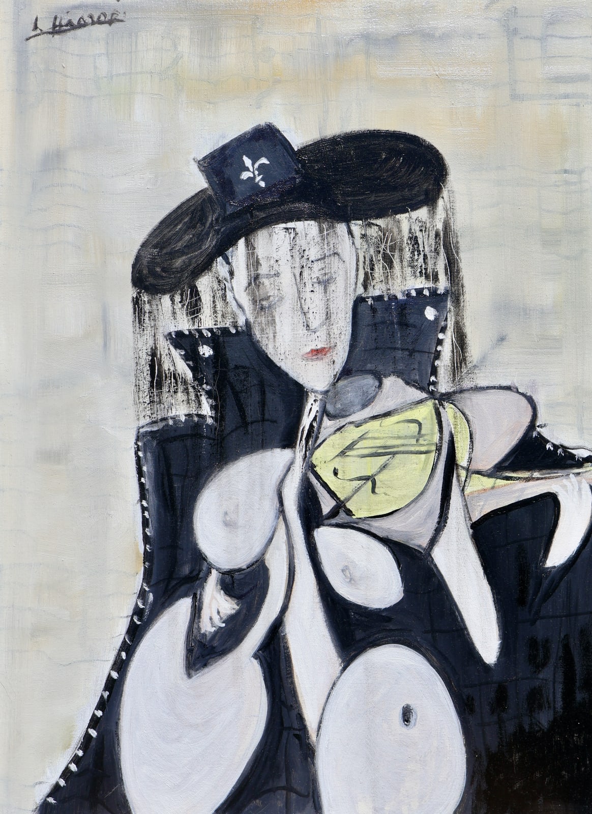 Laszlo Hamori, women with a black hat playing violin, 2024
