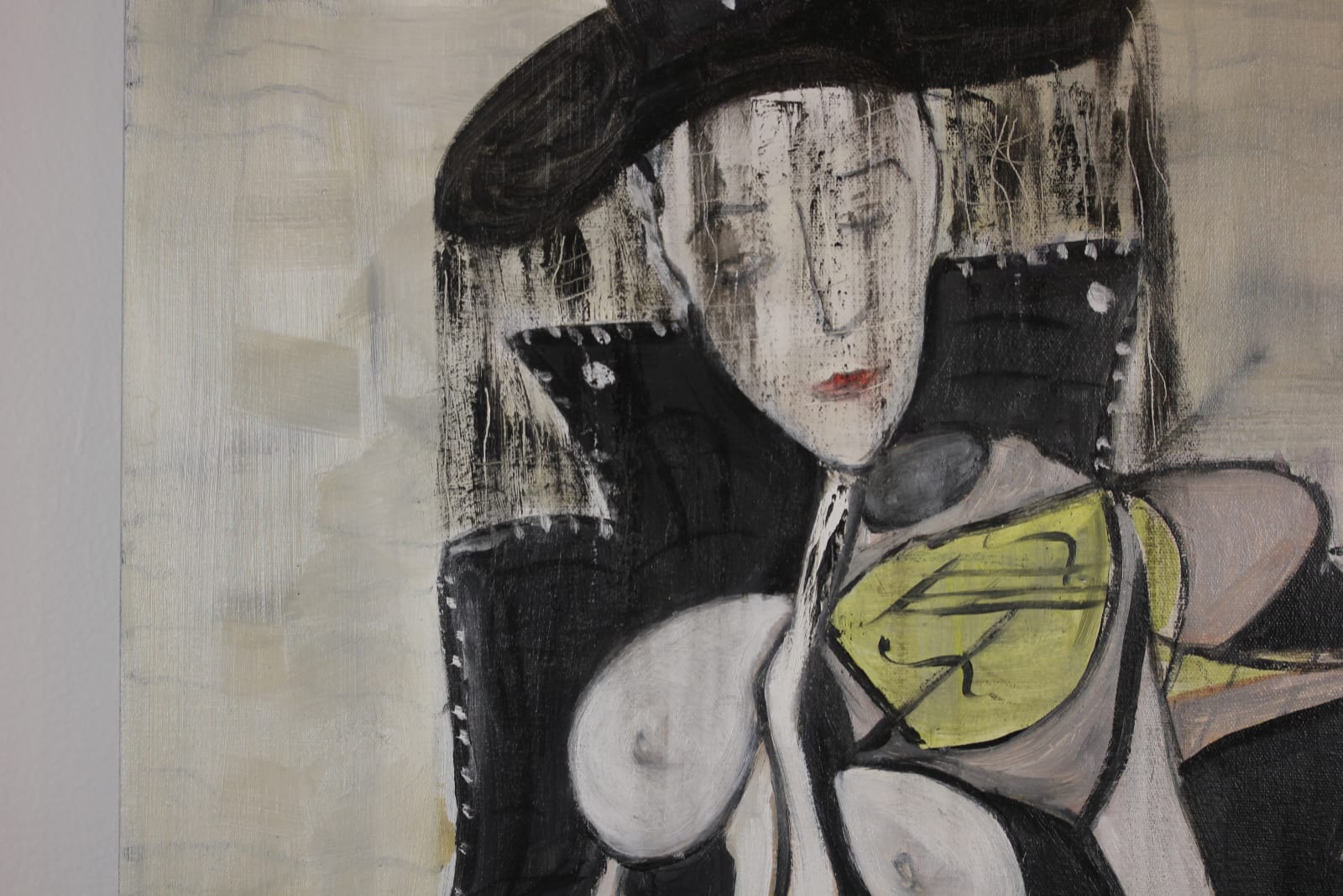 Laszlo Hamori, women with a black hat playing violin, 2024