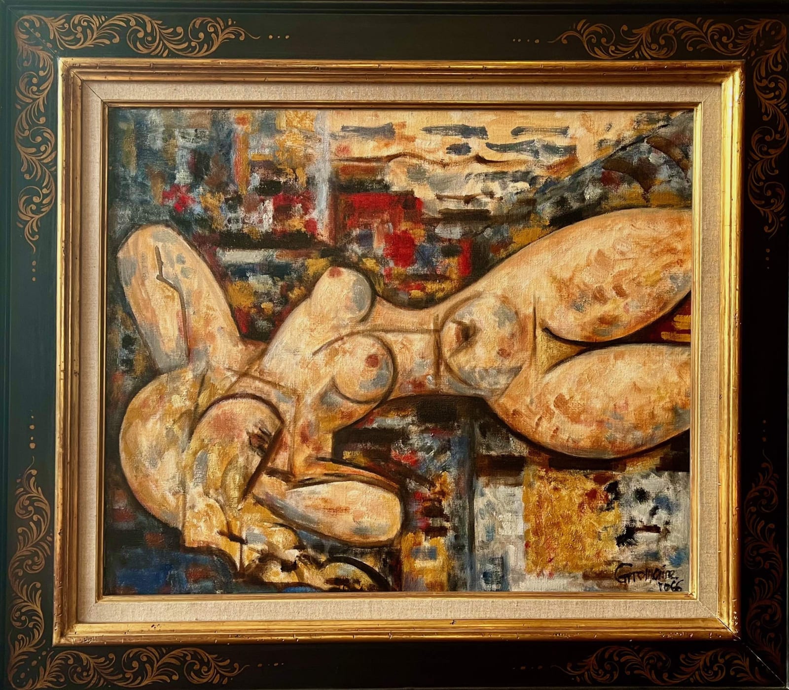 Marcel GROMAIRE, Nu allongé sur fond rouge et bleu, 1966