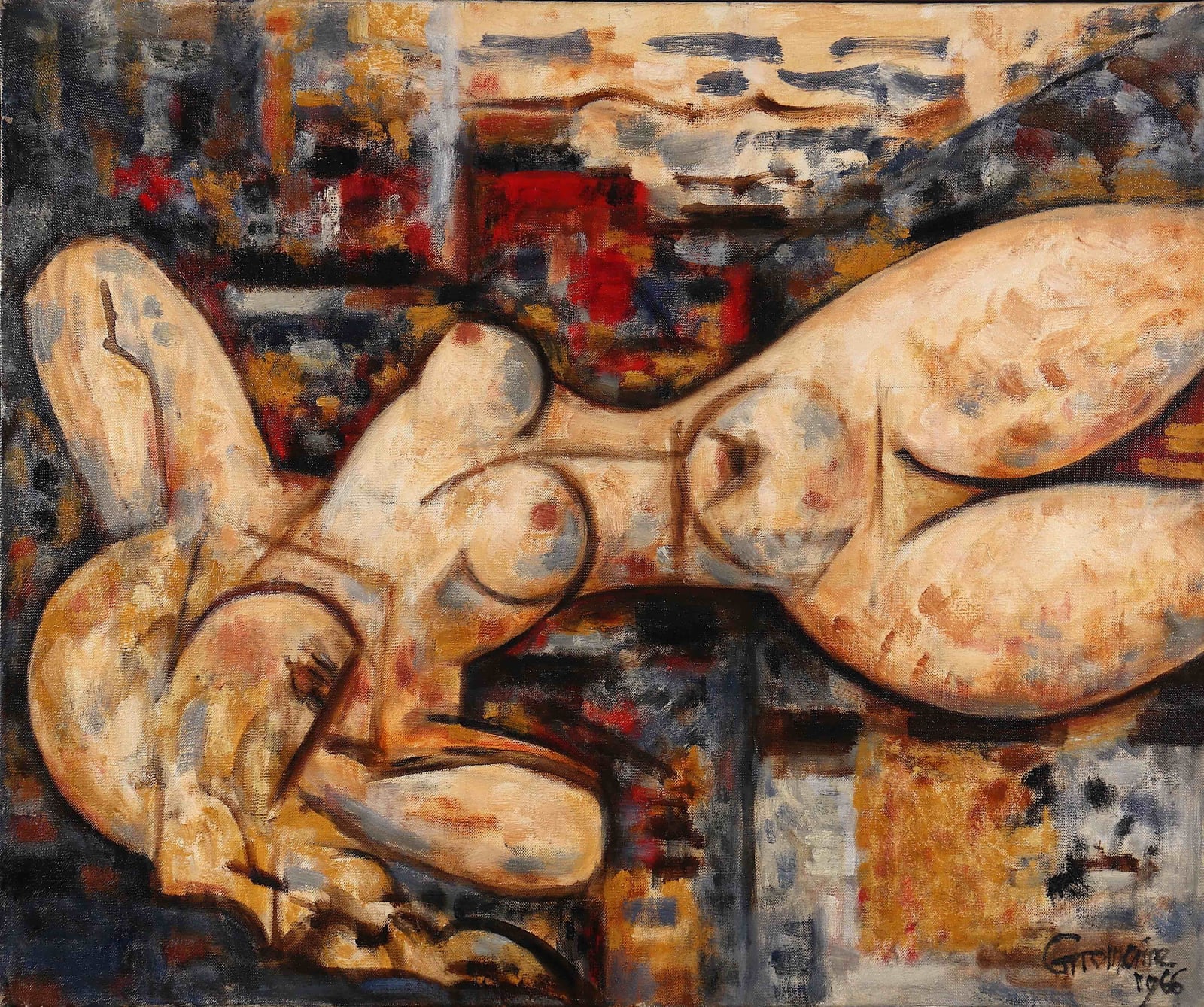 Marcel GROMAIRE, Nu allongé sur fond rouge et bleu, 1966