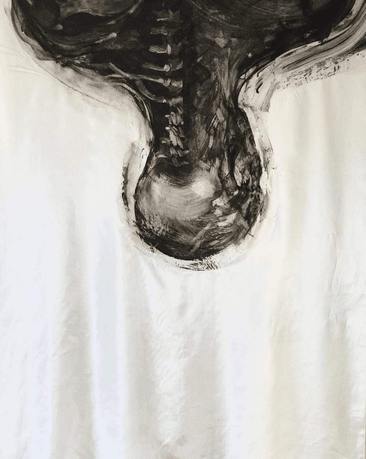 The Anatomy of a Neck (after daVinci) Monoptype on parachute silk mounted on wooden rail