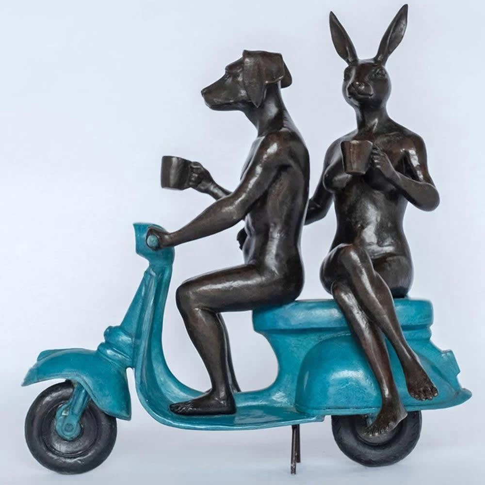 They Loved Coffee, Riding & Each Other bronze sculpture by Gillie and Marc