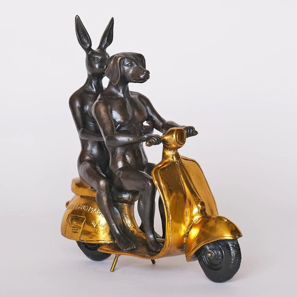 Authentic vespa riders bronze sculpture by Gillie and Marc 