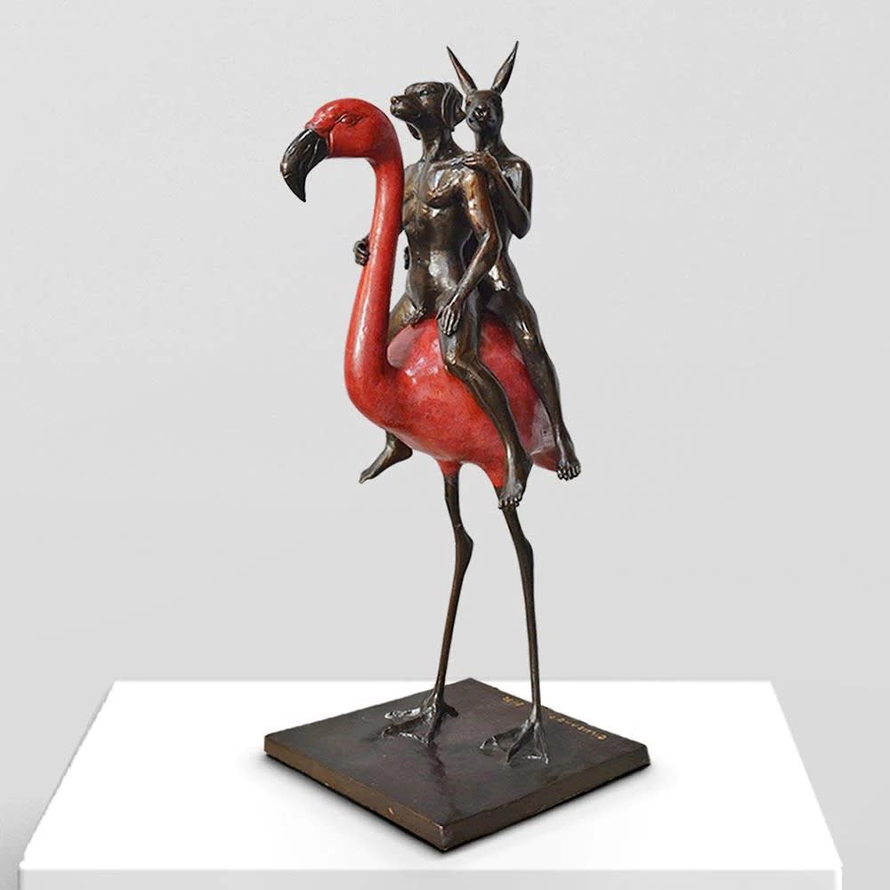 Bronze sculpture of Rabbitwoman and Dogman riding a pink flamingo 