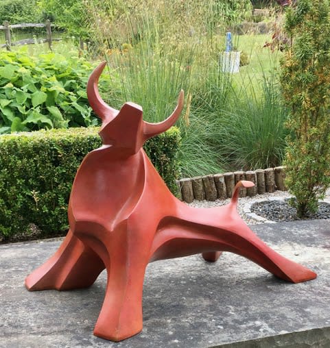 Large Red Bull bronze sculpture by Marie Ackers