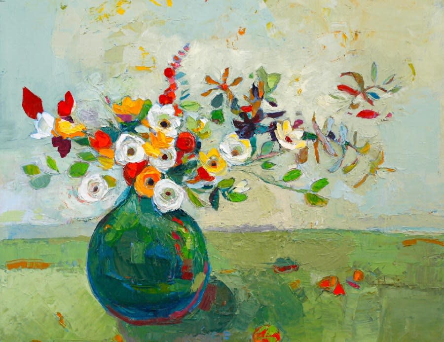 A Kirsty Wither Oil on Canvas painting called Shore Shrubs in Green Glass