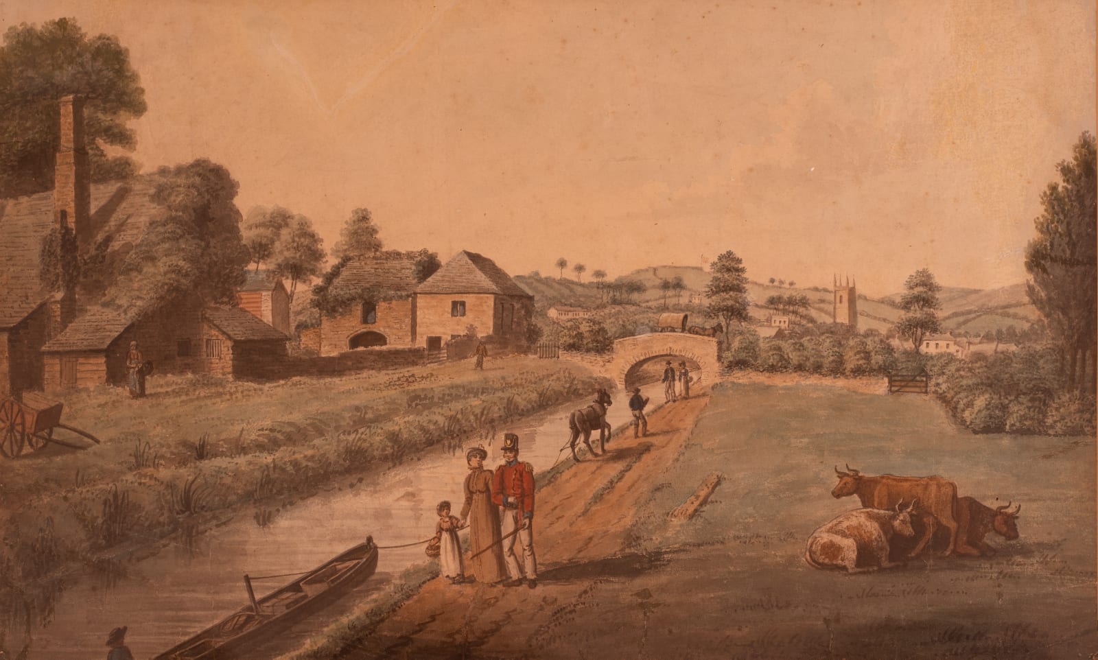 Irish School, Canal Towpath with Figures and Cattle, late 18th-early 19th century